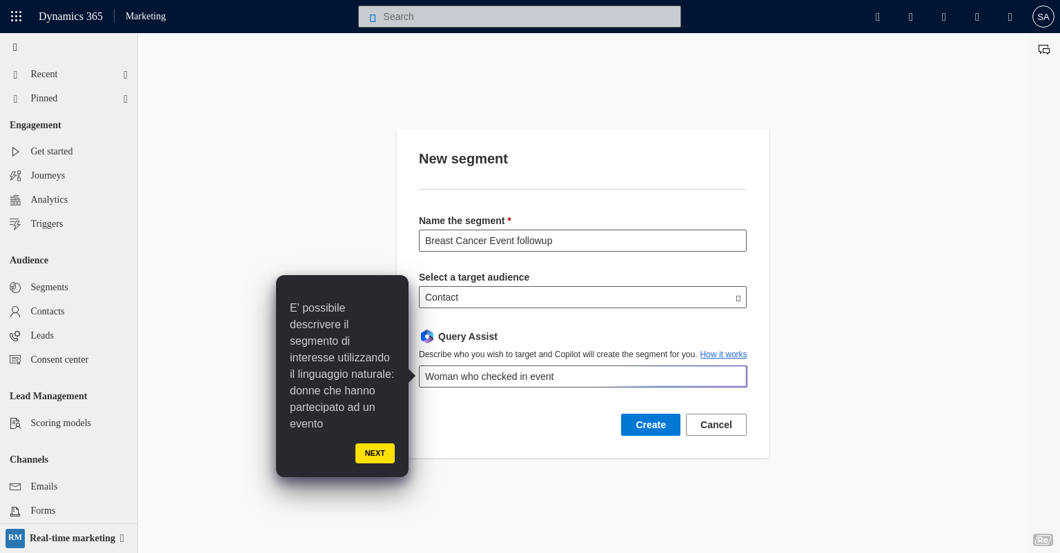 Segment Definition: Information: New Segment Definition - Dynamics 365